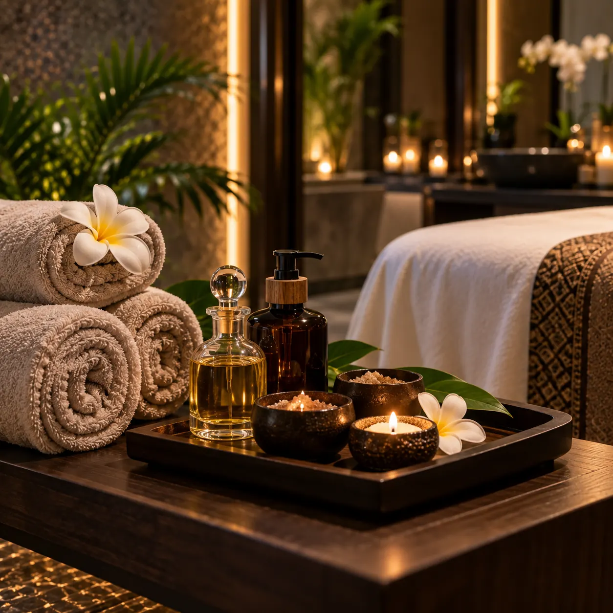 Massage oils and towels at Green Mubazzarah Spa